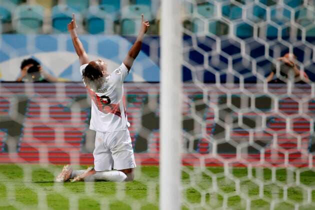 Andre Carrillo of Peru celebrates today after scoring against Ecuador, during a match for Group B of the Copa America at the Pedro Ludovico Teixeira Olympic Stadium in Goiania, Brazil, 23 June 2021. Ecuador - Peru !ACHTUNG: NUR REDAKTIONELLE NUTZUNG!  Copyright: xAlbertoxValdesx AME8014 20210623-a47fcdc36a1c47072f3152410f714bb4f17ccb13