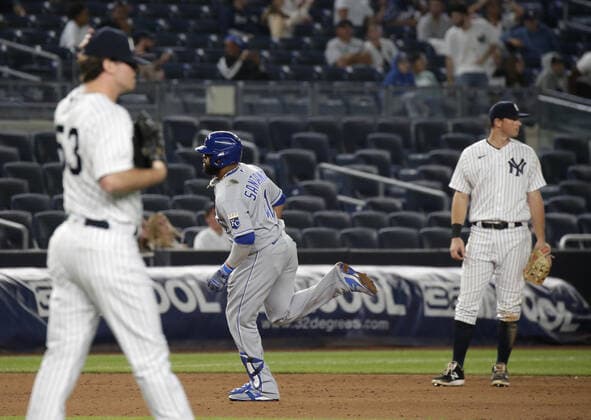 Kansas City Royals Carlos Santana hits a solo home run off of New York Yankees pitcher Zack Britton in the 8th inning against the at Yankee Stadium on Wednesday, June 23, 2021 in New York City.  NYP20210623112 JOHNxANGELILLO