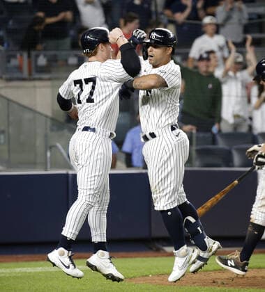 New York Yankees Rougned Odor celebrates with Clint Frazier after hitting a 2-run home run in the 8th inning against the Kansas City Royals at Yankee Stadium on Wednesday, June 23, 2021 in New York City.  NYP20210623113 JOHNxANGELILLO