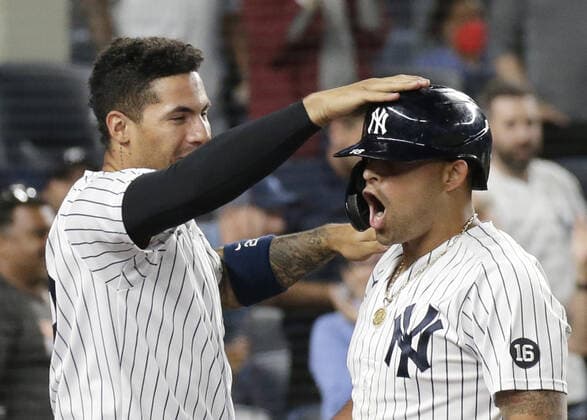 New York Yankees Rougned Odor celebrates with Gleyber Torres after hitting a 2-run home run in the 8th inning against the Kansas City Royals at Yankee Stadium on Wednesday, June 23, 2021 in New York City.  NYP20210623115 JOHNxANGELILLO
