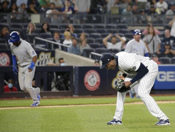New York Yankees closer Aroldis Chapman reacts after walking in a run in the 9th inning against the Kansas City Royals at Yankee Stadium on Wednesday, June 23, 2021 in New York City.  NYP20210623116 JOHNxANGELILLO
