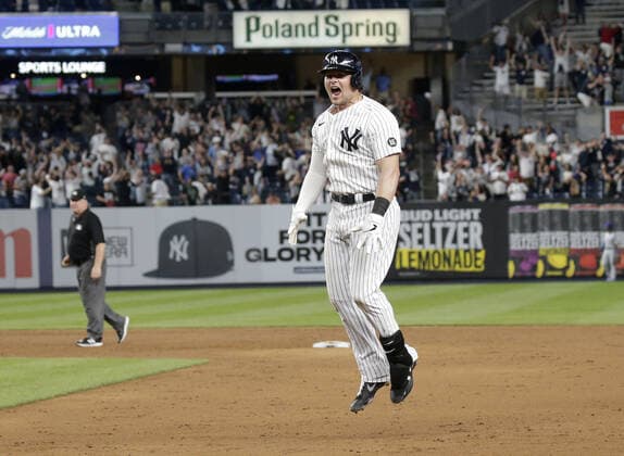 New York Yankees Luke Voit after hitting a walk off RBI single in the 9th inning against the Kansas City Royals at Yankee Stadium on Wednesday, June 23, 2021 in New York City. The Yankees defeated the Royals 6-5.  NYP20210623120 JOHNxANGELILLO