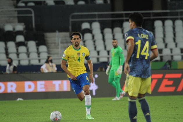 June 23, 2021, Rio de Janeiro, Brazil: Marquinhos, Brazilian National Soccer team, during soccer match between Brazil and Colombia, valid for 3rd round of Group B of Copa America, held at Nilton Santos stadium (Engenhao), in Rio de Janeiro, on Wednesday night (23). Brazil won 2-1.  Copyright: xNiyixFotex