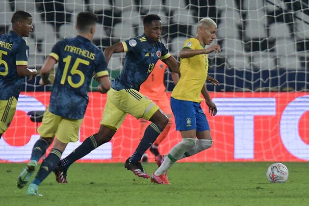 23th June 2021; Nilton Santos Stadium, Rio de Janeiro, Brazil; Copa America, Brazil versus Colombia; Richarlison of Brazil and Yerry Mina of Colombia  ActionPlus12299159 MarcelloxDias
