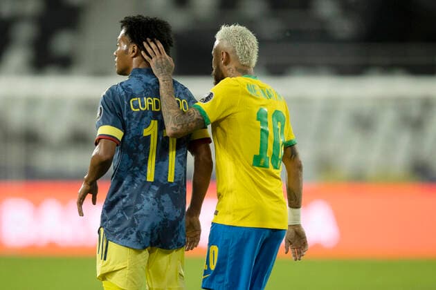 23th June 2021; Nilton Santos Stadium, Rio de Janeiro, Brazil; Copa America, Brazil versus Colombia; Neymar of Brazil consoles Juan Cuadrado of Colombia  ActionPlus12299179 LucasxFigueiredo