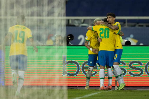 23th June 2021; Nilton Santos Stadium, Rio de Janeiro, Brazil; Copa America, Brazil versus Colombia; Richarlison of Brazil celebrates his goal with Lucas Paquet& xe1; in the 78th minute 1-1  ActionPlus12299188 LucasxFigueiredo
