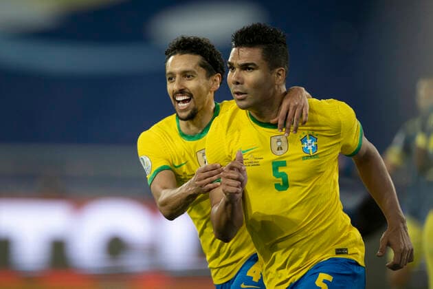23th June 2021; Nilton Santos Stadium, Rio de Janeiro, Brazil; Copa America, Brazil versus Colombia; Casemiro of Brazil celebrates his goal with Marquinhos in the 100th minute 2-1  ActionPlus12299190 MarcelloxDias