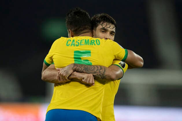 23th June 2021; Nilton Santos Stadium, Rio de Janeiro, Brazil; Copa America, Brazil versus Colombia; Casemiro of Brazil celebrates his goal with Lucas Paquet& xe1; in the 100th minute 2-1  ActionPlus12299193 MarcelloxDias