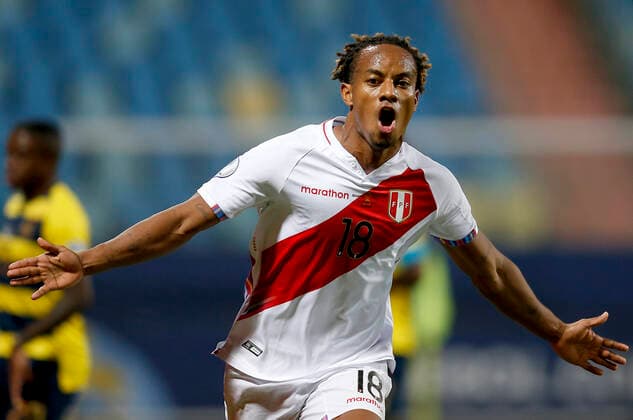 (210624) -- GOIANIA, June 24, 2021 -- Peru s Andre Carrillo celebrates during the 2021 Copa America group B football match between Ecuador and Peru in Goiania, Brazil, on June 23, 2021. ) (SP)BRAZIL-GOIANIA-COPA AMERICA-ECUADOR VS PERU LUCIOxTAVORA 