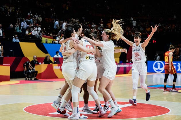 Spain v Serbia - Women s EuroBasket 2021 Players of Serbia celebrating the game Women s EuroBasket 2021 quarter-finals match played between Spain and Serbia at Fuente de Sant Luis pavilion on June 23, 2021 in Valencia, Spain. Valencia Valencia Spain reinorenon-spainvse210623_npCOs  Copyright: xJonxImanolxReinox