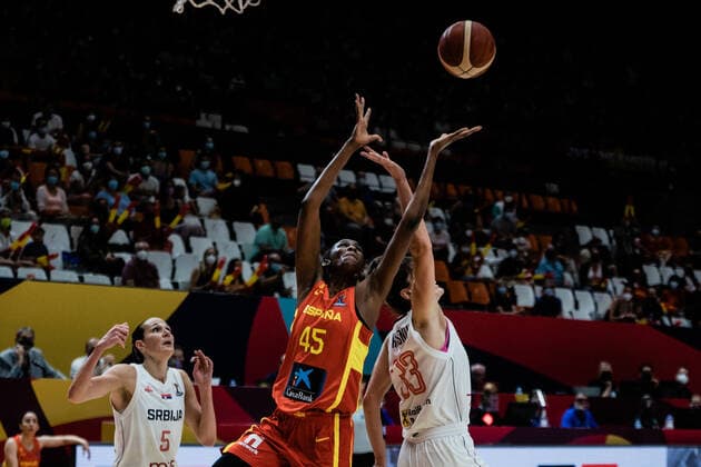 Spain v Serbia - Women s EuroBasket 2021 Astou Indour of Spain in action during the Women s EuroBasket 2021 quarter-finals match played between Spain and Serbia at Fuente de Sant Luis pavilion on June 23, 2021 in Valencia, Spain. Valencia Valencia Spain reinorenon-spainvse210623_npO1S  Copyright: xJonxImanolxReinox