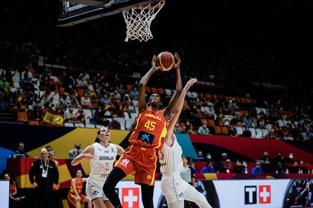 Spain v Serbia - Women s EuroBasket 2021 Astou Indour of Spain in action during the Women s EuroBasket 2021 quarter-finals match played between Spain and Serbia at Fuente de Sant Luis pavilion on June 23, 2021 in Valencia, Spain. Valencia Valencia Spain reinorenon-spainvse210623_npQcO  Copyright: xJonxImanolxReinox