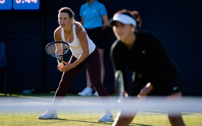 June 23, 2021: Bianca Andreescu of Canada & Yulia Putintseva of Kazakhstan playing doubles at the 2021 Viking International WTA, Tennis Damen 500 tennis tournament - ZUMAa181 20210623_zaa_a181_184 Copyright: xRobxPrangex