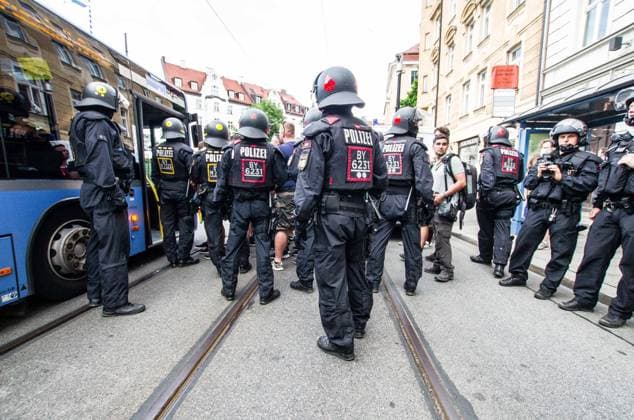 June 23, 2021, Munich, Bavaria, Germany: The ultra-nationalist, neonazi hooligan group Carpathian Brigade Ã‚ mobilized in Munich on the day of the European Championships of Football when the Allianz Stadium was to be lit with the colors of the rainbow.Ã‚ Security experts see this often black-clad problematic mob as a paramilitary group who would like to restore the borders of Greater Hungary rather than aa simple hooligans.. The Munich police stated that approximately 2000 were expected with 200 being seen as particularly dangerous,, according to their exhanges with security services. The group has already disrupted matches in the past and displayed Hitler Salutes and chanted racist slogans. Munich Germany - ZUMAb160 0122614909st Copyright: xSachellexBabbarx