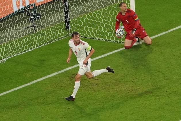 celebrate the goal, goal celebration to 0 1 Adam Szalai Hungary, Hungary , goalkeeper Goalie Manuel Neuer Germany Germany beaten Muenchen 23 06 2021 Germany vs Hungary, Allianz Arena Muenchen, Euro2020, emonline, emspor,