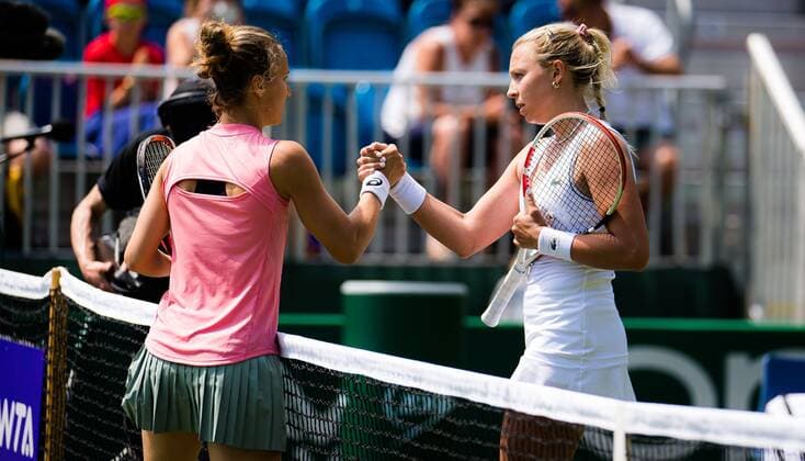 Mandatory Credit: Photo by Rob Prange Shutterstock (12167449ab) Viktorija Golubic of Switzerland & Anett Kontaveit of Estonia at the net after their quarter-final match at the 2021 Viking International WTA, Tennis Damen 500 tennis tournament Viking International Championships, Day Six, Tennis, Eastbourne, East Sussex, UK - 24 June 2021 Viking International Championships, Day Six, Tennis, Eastbourne, East Sussex, UK - 24 June 2021 Copyright: xRobxPrange Shutterstockx 12167449ab