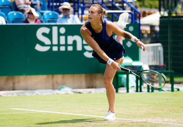 Mandatory Credit: Photo by Rob Prange Shutterstock (12167449m) Aryna Sabalenka of Belarus in action during her quarter-final match at the 2021 Viking International WTA, Tennis Damen 500 tennis tournament Viking International Championships, Day Six, Tennis, Eastbourne, East Sussex, UK - 24 June 2021 Viking International Championships, Day Six, Tennis, Eastbourne, East Sussex, UK - 24 June 2021 Copyright: xRobxPrange Shutterstockx 12167449m