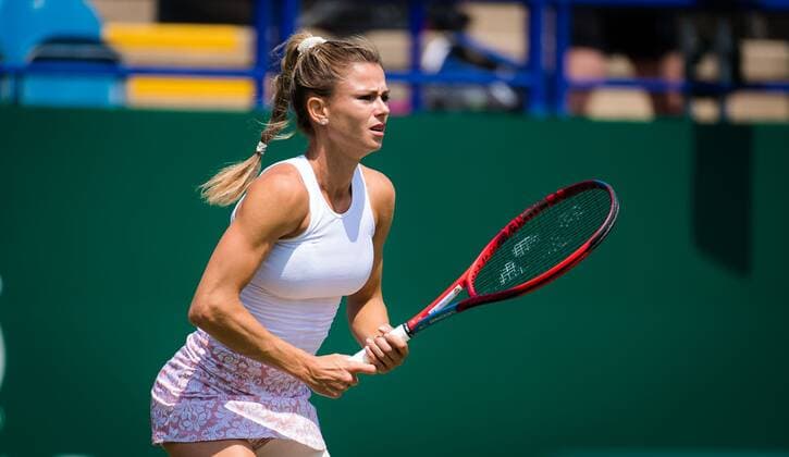 Mandatory Credit: Photo by Rob Prange Shutterstock (12167449f) Camila Giorgi of Italy in action during her quarter-final match at the 2021 Viking International WTA, Tennis Damen 500 tennis tournament Viking International Championships, Day Six, Tennis, Eastbourne, East Sussex, UK - 24 June 2021 Viking International Championships, Day Six, Tennis, Eastbourne, East Sussex, UK - 24 June 2021 Copyright: xRobxPrange Shutterstockx 12167449f