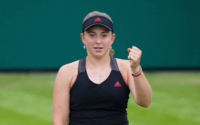Mandatory Credit: Photo by Dave Shopland BPI Shutterstock (12167170al) Latvia s Jelena Ostapenko celebrates match point Viking International Championships, Day Six, Tennis, Eastbourne, East Sussex, UK - 24 June 2021 Viking International Championships, Day Six, Tennis, Eastbourne, East Sussex, UK - 24 June 2021 Copyright: xDavexShopland BPI Shutterstockx 12167170al