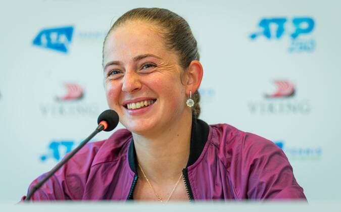 Mandatory Credit: Photo by Rob Prange Shutterstock (12167449bt) Jelena Ostapenko of Latvia talks to the media after her quarter-final match at the 2021 Viking International WTA, Tennis Damen 500 tennis tournament Viking International Championships, Day Six, Tennis, Eastbourne, East Sussex, UK - 24 June 2021 Viking International Championships, Day Six, Tennis, Eastbourne, East Sussex, UK - 24 June 2021 Copyright: xRobxPrange Shutterstockx 12167449bt