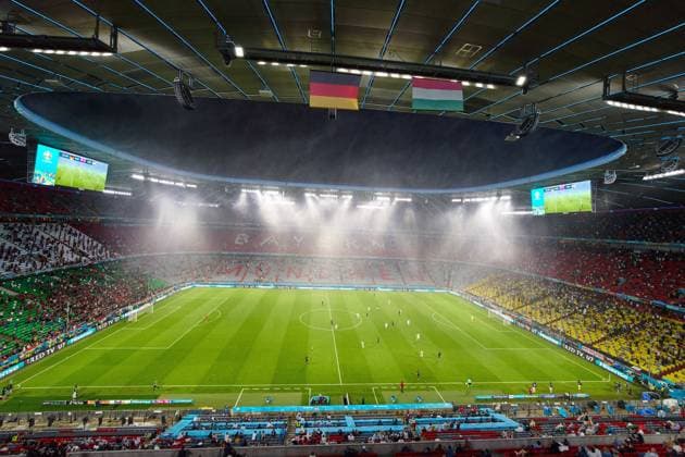 Allianz Arena inside with heavy rain in the Group F match GERMANY - HUNGARY 2-2 at the football UEFA European Championships 2020 in Season 2020 2021 on June 23, 2021 in Munich, Germany.