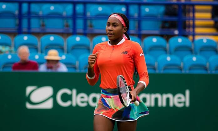 Mandatory Credit: Photo by Rob Prange Shutterstock (12167449dm) Cori Gauff of the United States playing doubles at the 2021 Viking International WTA, Tennis Damen 500 tennis tournament Viking International Championships, Day Six, Tennis, Eastbourne, East Sussex, UK - 24 June 2021 Viking International Championships, Day Six, Tennis, Eastbourne, East Sussex, UK - 24 June 2021 Copyright: xRobxPrange Shutterstockx 12167449dm