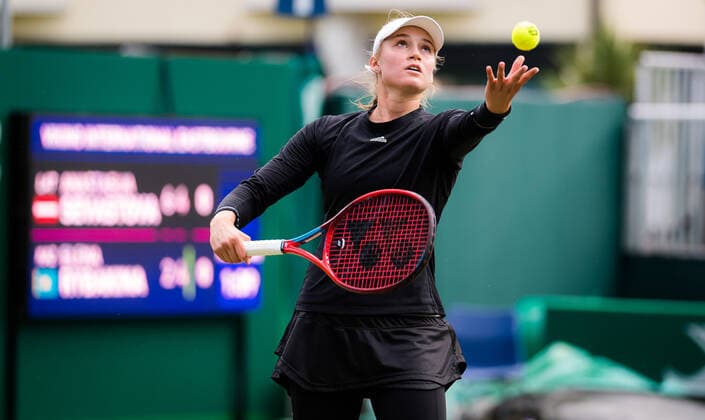 June 24, 2021, EASTBOURNE, GREAT BRITAIN: Elena Rybakina of Kazakhstan in action during the quarter-finals at the 2021 Viking International WTA, Tennis Damen 500 tennis tournament against Anastasija Sevastova of Latvia EASTBOURNE GREAT BRITAIN - ZUMAa181 20210624_zaa_a181_105 Copyright: xRobxPrangex