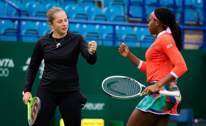 June 24, 2021, EASTBOURNE, GREAT BRITAIN: Jelena Ostapenko of Latvia & Cori Gauff of the United States play doubles at the 2021 Viking International WTA, Tennis Damen 500 tennis tournament EASTBOURNE GREAT BRITAIN - ZUMAa181 20210624_zaa_a181_115 Copyright: xRobxPrangex