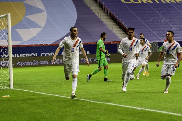 June 24, 2021, Brasilia, Federal District, Brazil: Miguel Almiron, from Paraguay team, celebrates his goal during soccer match between Chile and Paraguay, valid for 4th round of Copa America, held at Mane Garrincha stadium, in Brasilia, on Thursday (24). Copyright: xLecoxVianax