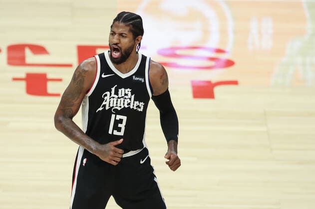 LOS ANGELES, CA - JUNE 24: LA Clippers guard Paul George (13) yells and 1 after a basket during the Phoenix Suns game versus the Los Angeles Clippers game 3 NBA, Basketball Herren, USA Western Conference Finals game on June 24, 2021, at Staples Center in Los Angeles, CA. (Photo by Jevone Moore Icon Sportswire) NBA: JUN 24 Western Conference Final - Suns at Clippers Icon210624050