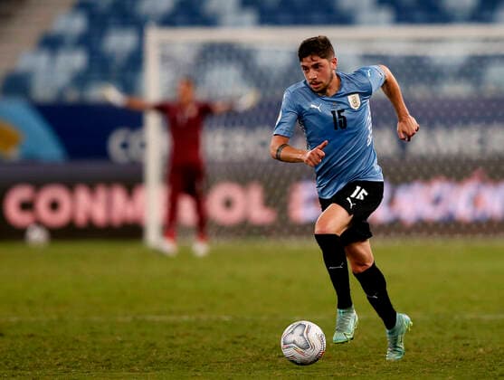 CUIABA, BRAZIL - JUNE 24: Federico Valverde of Uruguay in action ,during the match between Bolivia and Uruguay as part of Conmebol Copa America Brazil 2021 at Arena Pantanal on June 24, 2021 in Cuiaba, Brazil. SPO, SOC, ICH 