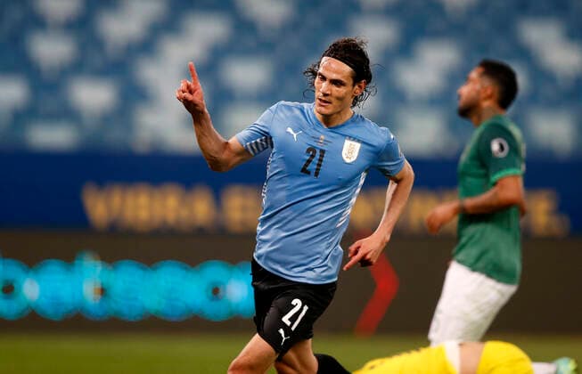 CUIABA, BRAZIL - JUNE 24: Edinson Cavani of Uruguay celebrates after scores his gol ,during the match between Bolivia and Uruguay as part of Conmebol Copa America Brazil 2021 at Arena Pantanal on June 24, 2021 in Cuiaba, Brazil. SPO, SOC, ICH 