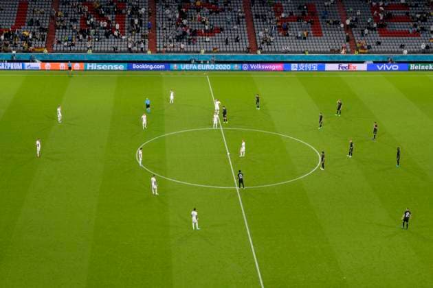23 06 2021, Football, European Championship 2020, Group F match, Germany Hungary, at the Football Arena Munich All main sponsors on the advertising board, Hisense, Booking com, VW, Volkswagen, Alipay, Fedex, Vivo, Gazprom,