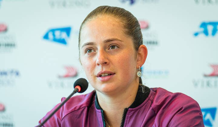 June 25, 2021, EASTBOURNE, GREAT BRITAIN: Jelena Ostapenko of Latvia talks to the media after reaching the final of the 2021 Viking International WTA, Tennis Damen 500 tennis tournament against Elena Rybakina of Kazakhstan EASTBOURNE GREAT BRITAIN - ZUMAa181 20210625_zaa_a181_059 Copyright: xRobxPrangex
