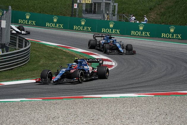 Formula 1 BWT Grand Prix of Styria 2021 25 06 2021, Red Bull Ring , Spielberg, Formula 1 BWT Grand Prix of Styria 2021 , in the picture Esteban Ocon FRA 31 , Alpine F1 Team, Fernando Alonso ESP 14 , Alpine F1 Team nordphotoxGmbHx xBratic nph00250