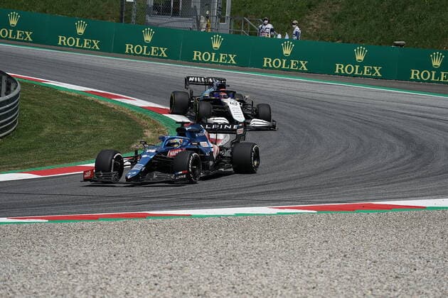 Formula 1 BWT Grand Prix of Styria 2021 25 06 2021, Red Bull Ring , Spielberg, Formula 1 BWT Grand Prix of Styria 2021 , in the picture Fernando Alonso ESP 14 , Alpine F1 Team, George Russel GBR 63 , Williams Racing nordphotoxGmbHx xBratic nph00250