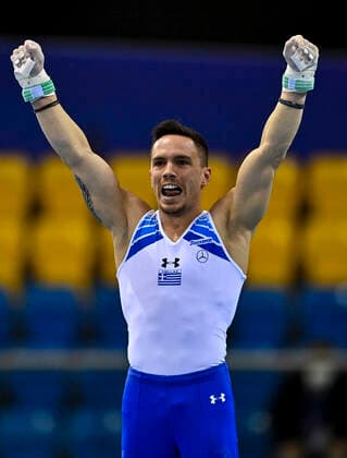 (210626) -- DOHA, June 26, 2021 -- Eleftherios Petrounias of Greece competes during the Men s Rings Final at the 13th FIG Artistic Gymnastics World Cup in Doha, capital of Qatar, on June 25, 2021. (Photo by Xinhua) (SP)QATAR-DOHA-GYMNASTICS-WORLD CUP Nikku 
