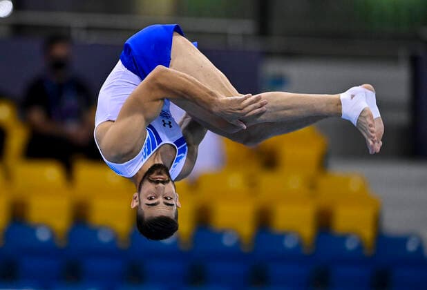(210626) -- DOHA, June 26, 2021 -- Antonios Tantalidis of Greece competes during the Men s Floor Exercises Final at the 13th FIG Artistic Gymnastics World Cup in Doha, capital of Qatar, on June 25, 2021. (Photo by Xinhua) (SP)QATAR-DOHA-GYMNASTICS-WORLD CUP Nikku 