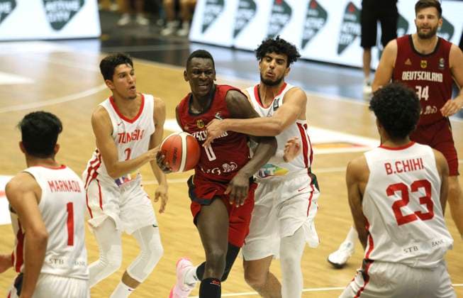 Photo Isaac Bonga Germany vs Ahmed Addami Basketball Supercup Sat 19 06 2021 4 Nations Cup in Hamburg Germany Tunisia