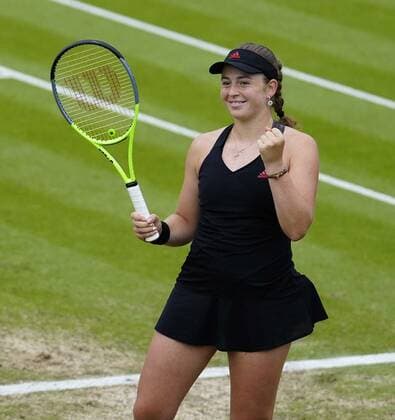 Mandatory Credit: Photo by Dave Shopland BPI Shutterstock (12168982d) Latvia s Jelena Ostapenko celebrates winning Championship Point Viking International Championships, Day Eight, Tennis, Eastbourne, East Sussex, UK - 26 June 2021 Viking International Championships, Day Eight, Tennis, Eastbourne, East Sussex, UK - 26 June 2021  Copyright: xDavexShopland BPI Shutterstockx 12168982d