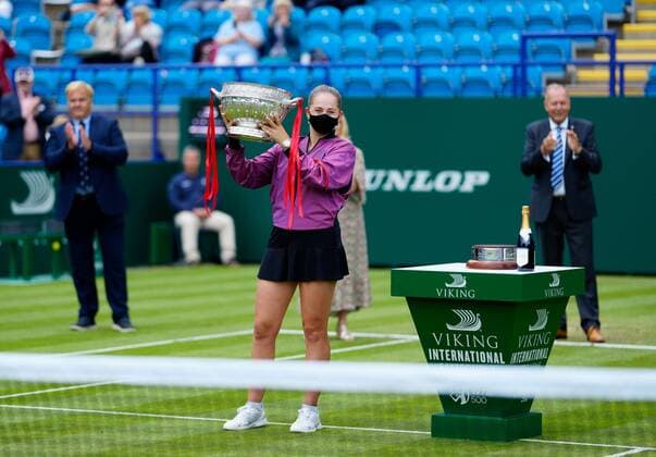 Mandatory Credit: Photo by Dave Shopland BPI Shutterstock (12168982ae) Championship winner Latvia s Jelena Ostapenko with trophy Viking International Championships, Day Eight, Tennis, Eastbourne, East Sussex, UK - 26 June 2021 Viking International Championships, Day Eight, Tennis, Eastbourne, East Sussex, UK - 26 June 2021 Copyright: xDavexShopland BPI Shutterstockx 12168982ae