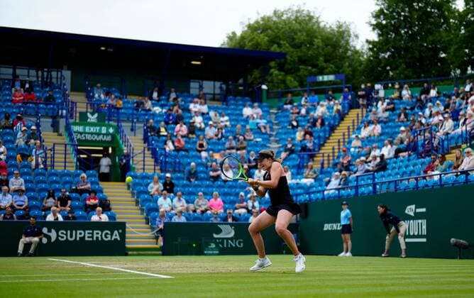 Mandatory Credit: Photo by Dave Shopland BPI Shutterstock (12168982bw) Championship winner Latvia s Jelena Ostapenko in action Viking International Championships, Day Eight, Tennis, Eastbourne, East Sussex, UK - 26 June 2021 Viking International Championships, Day Eight, Tennis, Eastbourne, East Sussex, UK - 26 June 2021  Copyright: xDavexShopland BPI Shutterstockx 12168982bw