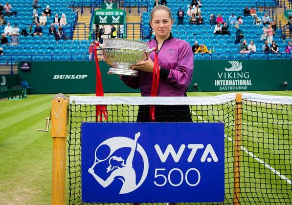 Mandatory Credit: Photo by Rob Prange Shutterstock (12168976ay) Jelena Ostapenko of Latvia with the champions trophy after the final of the 2021 Viking International WTA, Tennis Damen 500 tennis tournament Viking International Championships, Day Eight, Tennis, Eastbourne, East Sussex, UK - 26 June 2021 Viking International Championships, Day Eight, Tennis, Eastbourne, East Sussex, UK - 26 June 2021 Copyright: xRobxPrange Shutterstockx 12168976ay