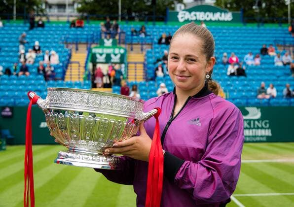 Mandatory Credit: Photo by Rob Prange Shutterstock (12168976at) Jelena Ostapenko of Latvia with the champions trophy after the final of the 2021 Viking International WTA, Tennis Damen 500 tennis tournament Viking International Championships, Day Eight, Tennis, Eastbourne, East Sussex, UK - 26 June 2021 Viking International Championships, Day Eight, Tennis, Eastbourne, East Sussex, UK - 26 June 2021 Copyright: xRobxPrange Shutterstockx 12168976at