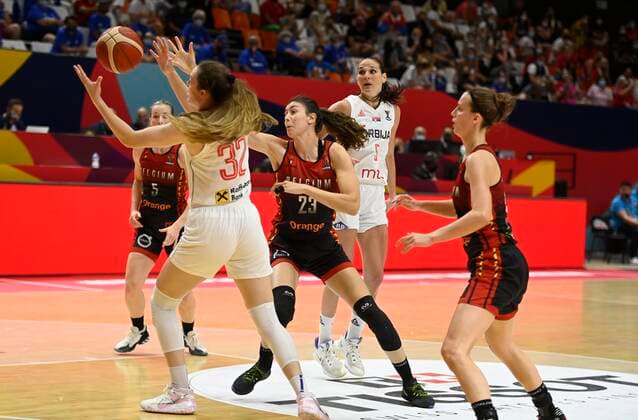 VALENCIA, SPAIN - JUNE 26: Angela Dugalic of Serbia and Serena-Lynn Geldof of Belgium pictured during FIBA Women s Eurobasket match between Belgium and Serbia semi finals on june 26, 2021 in Valencia ,Spain 26 06 2021 BASKET BALL FEMININ : Belgique vs Serbie - FIBA Women s Eurobasket - 1 2 - Valence - 26 06 2021 PhotoNews Panoramic 