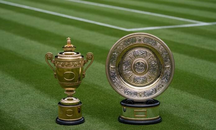 Mandatory Credit: Photo by AELTC Thomas Lovelock Shutterstock (12171009v) The Gentlemen s Singles Trophy and the Venus Rosewater Dish - the Ladies Singles Trophy, on Centre Court during the presentation to the media ahead of The Championships 2021 Wimbledon Tennis Championships, Preparations, The All England Lawn Tennis and Croquet Club, London, UK - 26 Jun 2021 Editorial Use Only Wimbledon Tennis Championships, Preparations, The All England Lawn Tennis and Croquet Club, London, UK - 26 Jun 2021 Editorial Use Only  Copyright: xAELTC ThomasxLovelock Shutterstockx 12171009v