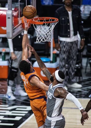 June 26, 2021, Los Angeles, California, USA: Devin Booker 1 of the Phoenix Suns puts up a layup during Game 4 of the 2021 Western Conference finals NBA, Basketball Herren, USA playoff game against the Los Angeles Clippers on Saturday June 26, 2021 at the Staples Center in Los Angeles, California. Clippers lose to Suns 80 - 84. JAVIER ROJASPI Los Angeles USA - ZUMAp124 20210626_zaa_p124_011 Copyright: xx