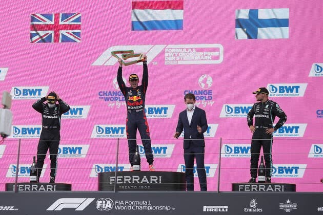 Formula 1 - GP of Styria 2021 SPIELBERG,AUSTRIA,27.JUN.21 - MOTORSPORTS, FORMULA 1 - Grand Prix of Styria, Red Bull Ring. Image shows Lewis Hamilton (GBR Mercedes), the rejoicing of Max Verstappen (NED Red Bull Racing), chancellor of Austria Sebastian Kurz and Valtteri Bottas (FIN Mercedes).  GEPAxpictures xManfredxBinder