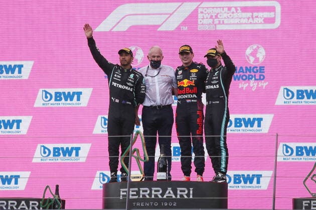 Formula 1 - GP of Styria 2021 SPIELBERG,AUSTRIA,27.JUN.21 - MOTORSPORTS, FORMULA 1 - Grand Prix of Styria, Red Bull Ring. Image shows Lewis Hamilton (GBR Mercedes), consultant Helmut Marko, Max Verstappen (NED Red Bull Racing) and Valtteri Bottas (FIN Mercedes) .  GEPAxpictures xManfredxBinder