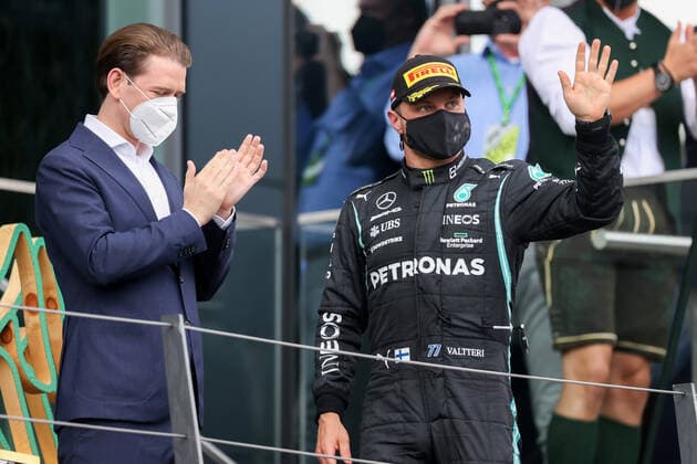 Formula 1 - GP of Styria 2021 SPIELBERG,AUSTRIA,27.JUN.21 - MOTORSPORTS, FORMULA 1 - Grand Prix of Styria, Red Bull Ring. Image shows chancellor Sebastian Kurz (Austria) and the rejoicing of Valtteri Bottas (FIN Mercedes).  GEPAxpictures xChristianxWalgram